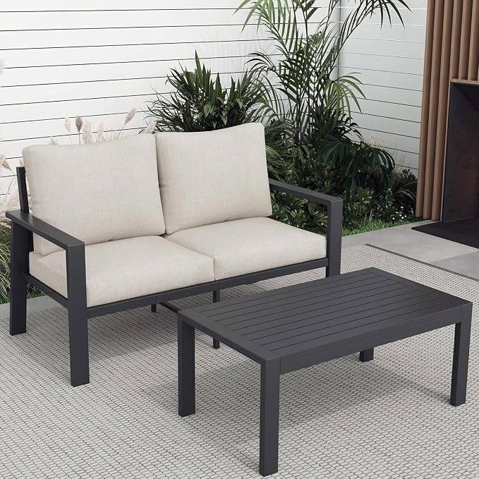 Outdoor Loveseat with Coffee Table Small Furniture Aluminum Patio Love Seat Couch Outdoor Chairs with 4" Cushion Loveseats Sofa for Poolside,Balcony,Deck,Yard