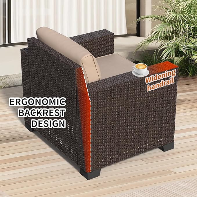 7 Pieces Patio Furniture Set Wicker Outdoor Furniture All-Weather Outdoor Sofa with Thick Cushions & Coffee Table Patio Conversation Set for Lawn, Patio, Balcony, Deck, Poolside, Brown&Beige