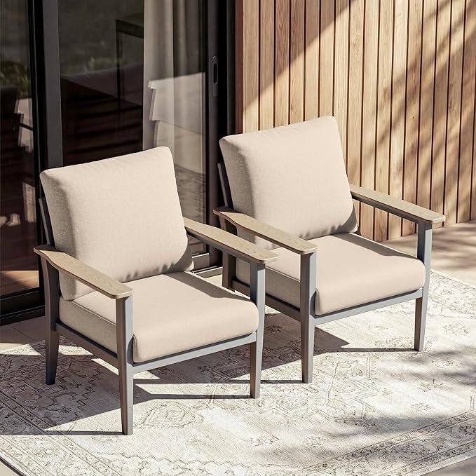 Aluminum Patio Chairs Set of 2, Modern Outdoor Armchairs with Wood-Like Armrests & 5.1" Thick Cushions, Wide Seat Balcony Furniture for Porch, Deck, Khaki