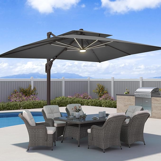 10x13 FT Patio Umbrella with LED Lights Cantilever Outdoor Large Heavy Duty Rectangle Aluminum Offset Umbrellas Double Top 360 Rotation 7 Tilt Adjustment for Pool Deck Garden, Grey
