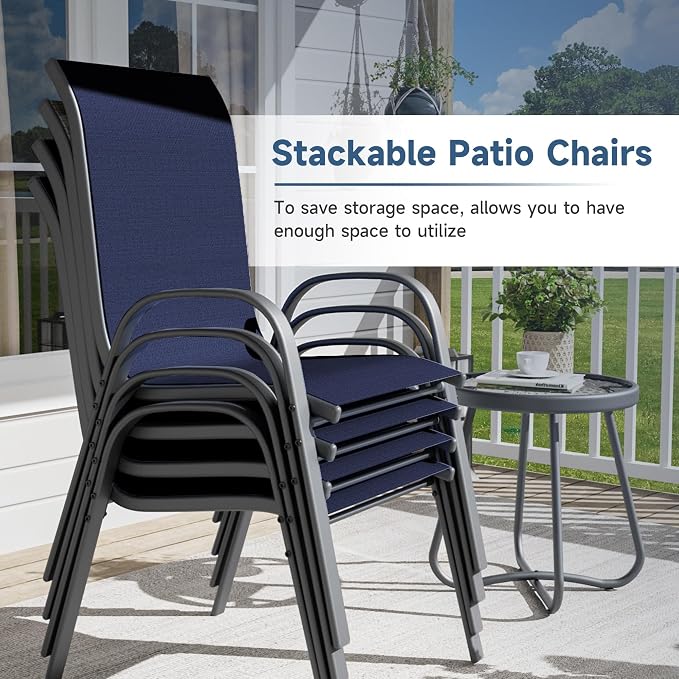 Amopatio 5 Pieces Patio Dining Set for 4, Outdoor Table and Chairs, 4 All Weather Stackable Patio Chairs, 39" Patio Spliced Round Table with Umbrella Hole, for Deck, Backyard, Garden, Blue