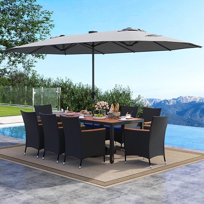 Tangkula 11 Pieces Patio Dining Set with Double-Sided Led Patio Umbrella (Base Included), with 8 Stackable Chairs, Acacia Wood Dining Table and Large Umbrella with Solar Lights (Grey + Navy)