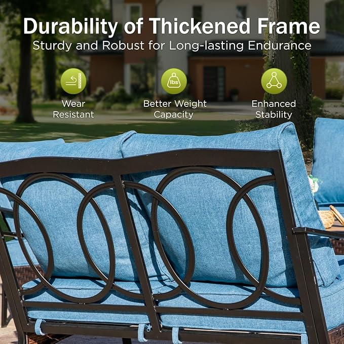 PHI VILLA Patio Furniture Set, Upgraded Wicker & Metal Modern Outdoor Conversation Sets Patio Sectional Swivel Chair Set with Coffee Table & Waterproof Thick Cushions for Porch, Deck(6 Pieces, Navy)
