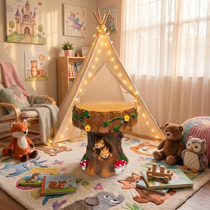 Resin Squirrel Tree Stump Stool – 12.6" Whimsical Garden Seat & Side Table | Outdoor & Indoor Decorative Chair for Patio, Backyard, Fairy Garden, Kids Room | Weather-Resistant Forest Figurine Decor