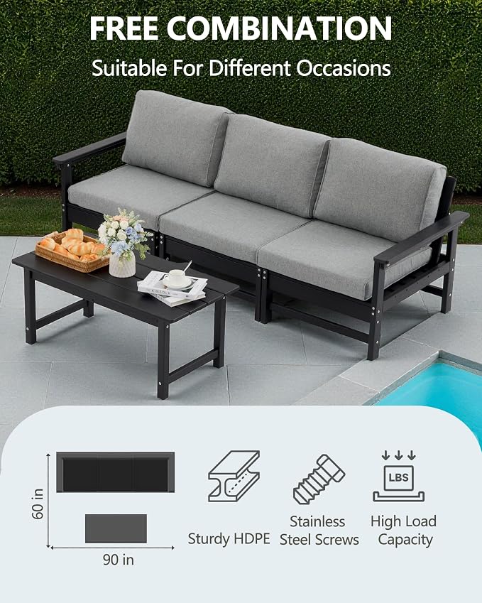 HDPE Outdoor Patio Furniture Set, 4-Piece Sofa Set with 3-Seat Couch & Coffee Table, Weatherproof Conversation Set with Cushions, All-Weather Waterproof, for Garden, Porch & Backyard