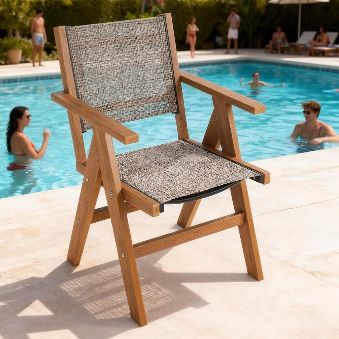 Patio Outdoor Chair, Dining Chair, Durable HIPS Material, Ergonomic Design, Mesh Chair for Patio, Gardens, Pool, Camping ect.（Teak Color）