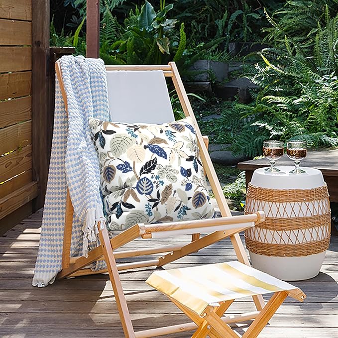 Outdoor Pillows for Patio Furniture 18x18 inch, Square Outdoor Throw Pillows with Inserts, Decorative Toss Pillows for Garden Couch Home Sofa Office Chair, Pack of 2, Breeze Leaves Beige