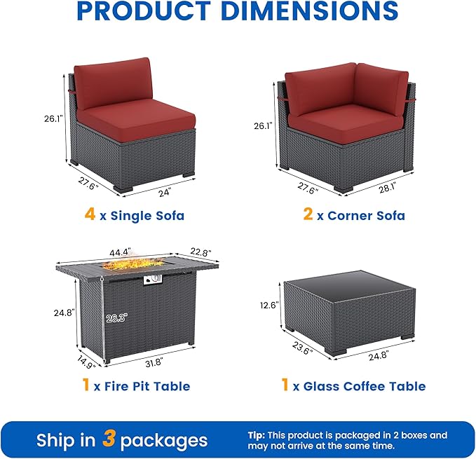 8 Piece Patio Furniture Set with 44” Fire Pit Table All-Weather Wicker Conversation Sectional Sofa & Coffee Table with Thickened Cushions for Backyard, Garden(Wine Red)