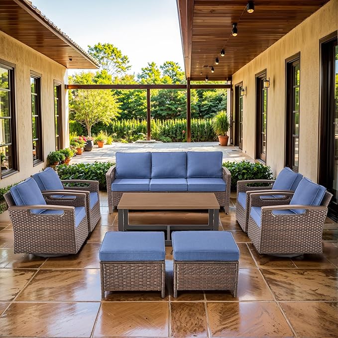 Luxury 8 Piece Heavy Duty Patio Furniture Set with Swivel Chairs - All Weather Wicker Comfort Thick Cushion Outdoor Conversation Set for Porch Poolside Deck - Blue