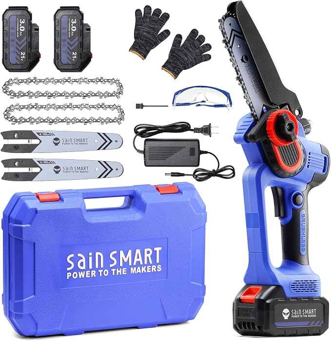 SainSmart Mini Chainsaw 6 Inch Cordless Portable Electric Chainsaw, Handheld Powered Super Saw with 2PCS 3000mAh Batteries, Goggles & Gloves, for Tree Trimming Branch Pruning Woodcutting