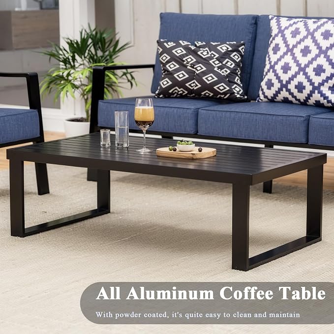 Aluminum Outdoor Patio Furniture Set, 4 Piece Sectional Coversation Sets with Coffee Table, Modern Outdoor Sofa Couch with Thick Cushions for Porch, Balcony, Garden, Blue