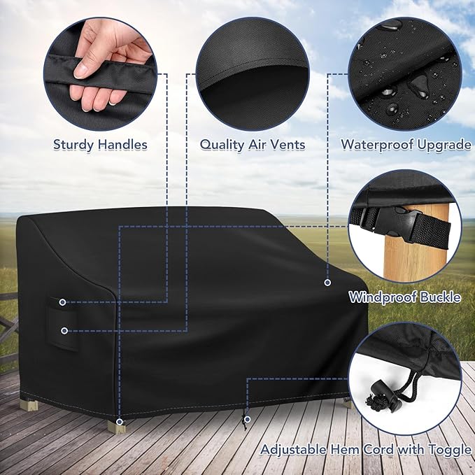 Richwon Outdoor Couch Cover Waterproof, 3-Seater Outdoor Sofa Cover, Patio Furniture Covers with Air Vent and Handles, 90W x 42D x 32H Inches, Black