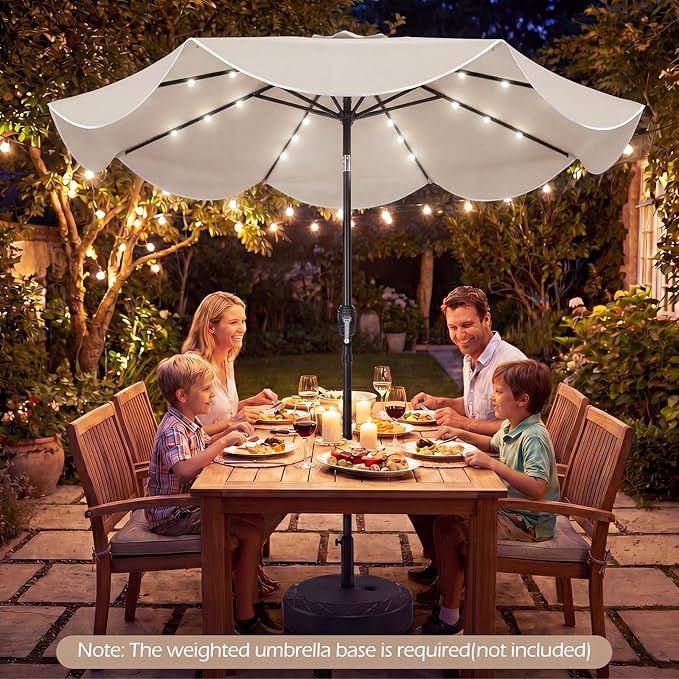 Tangkula 9 FT Solar Patio Umbrella, 2-Tiers Outdoor Scalloped Table Umbrella with 24 LED Lights, Tilt Adjustment, Crank, 8 Ribs for Market Backyard Pool Deck Beach Lawn