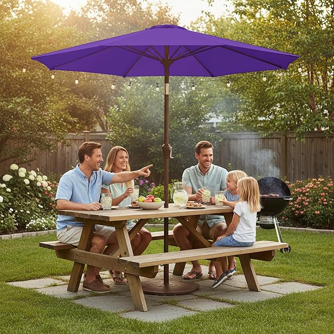 9ft Patio Umbrella with Push Button Tilt and Crank,Outdoor Market Table Umbrella UV Protection 8 Sturdy Ribs for Backyard,Garden,Pool,Deck(Dark Purple)