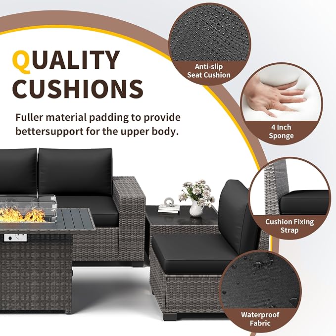 Patio Furniture with Fire Pit Table,8‘’ Wide armrest Outdoor Sectional Rattan Sofa Set, Wicker Patio Furniture Sets w/Coffee Table,Thick Cushions and Cover for Porch,Deck, 9PC(Grey&Black)