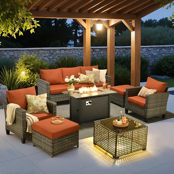 7 Piece Wicker Patio Furniture Set with Firepit Table, Orange | Outdoor Deep Seating Sofa Chair Ottoman, Firepit, Solar Lights Table, Modern Conversation Set, Porch Deck Backyard