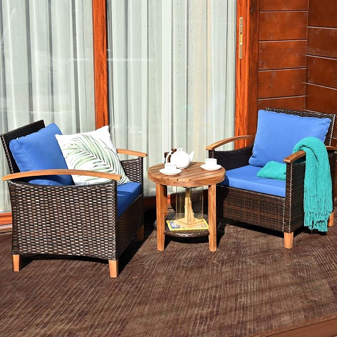 COSTWAY 3PCS Patio Rattan Furniture Set, Outdoor Solid Wood Frame Cushion Sofa with Round Table for Garden Porch Backyard Poolside (Blue)