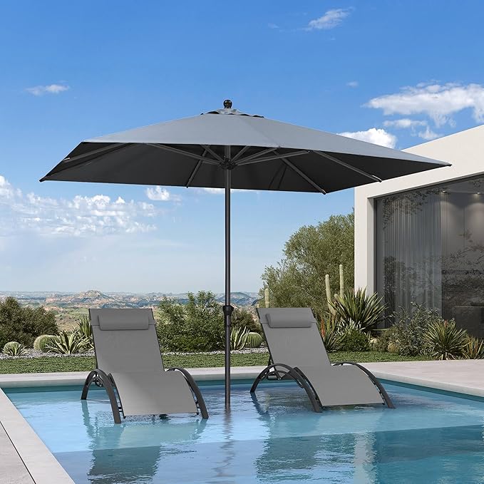 PURPLE LEAF 10' x 8' Rectangle Patio Market Umbrella with Base Outdoor Table Umbrellas Aluminum Frame Sun Shade with 8 Sturdy Ribs for Garden Deck Lawn Pool Light Gray