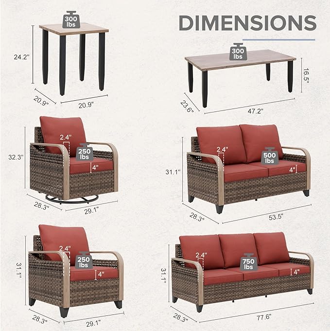 COOS BAY Modern Wicker Outdoor Furniture Set, 8 Piece Patio Conversation Set with 2 Swivel Rockers, 2 Patio Chairs, a 3 Seat Couch, a Loveseat, Coffee Table and Side Table, 8 Piece, Brown/Red