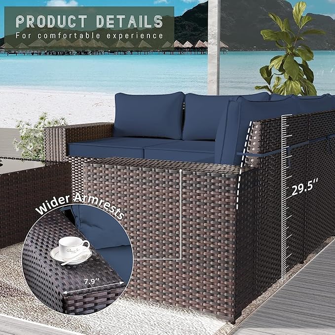 12 PCS Outdoor Patio Furniture Set,Outdoor Sectional Furniture All Weather PE Rattan Wicker Patio Conversation Set with 2 Coffee Tables and 10 Thickened Cushions,Navy Blue
