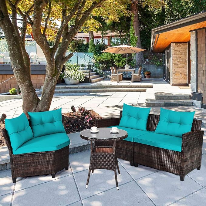 HAPPYGRILL 4 Pieces Patio Furniture Set Outdoor Rattan Wicker Conversation Set with Cushioned Sofas and Coffee Table, L-Shape Sectional Curved Sofa Set for Garden Poolside Balcony