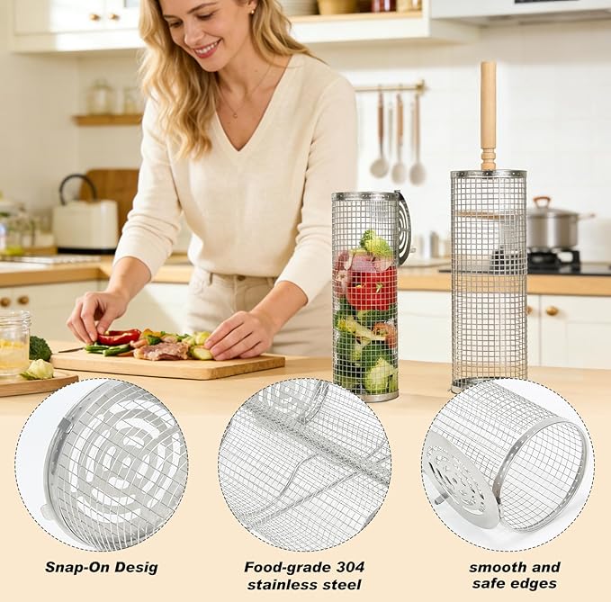 2PCS Rolling Grill Basket Grilling Accessories - Removable Wooden Handle, 304 Stainless Steel,Nesting Barbecue Tools,Smoker BBQ Accessories for Vagetable,Outdoor Cooking Camping,Picnic,Dinner Party,Gifts for Men Dad and Husband