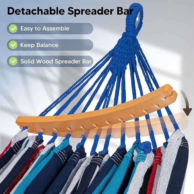 SUNCREAT Hammocks Outdoor Camping Double Hammock with Spreader Bar, Carrying Bag, Heavy Duty Travel Hammock, Blue & Red