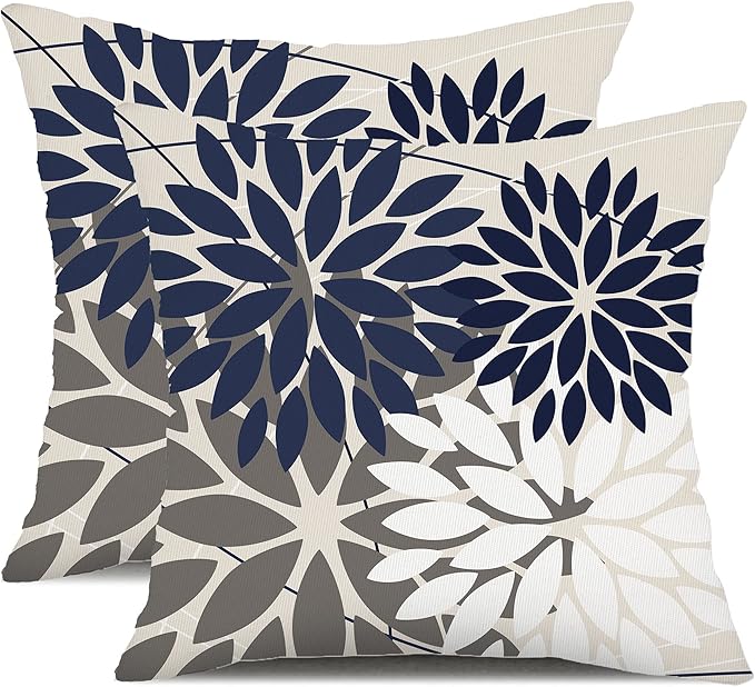 DFXSZ Pack of 2 Outdoor Waterproof Throw Pillow Covers 20x20 NavyBlue Grey | Polyester Colorful Spring Summer Floral Decorative Cushion Cases(NO INSERT),For Couch Patio Funiture Garden Home Decor