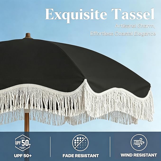 7FT Patio Umbrella with Fringe, Outdoor Tassel Umbrella with Fiberglass Ribs, Boho Beach Umbrella, Push Button Tilt and Carrying Bag, UPF50+