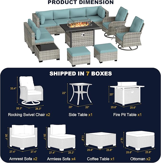 13-Piece Outdoor Patio Furniture Set with Rocking Swivel Chair, Wicker Rattan Sectional Sofa Conversation Set with 55,000 BTU Fire Pit Table with Ottomans, Backyard Furniture, Light Blue