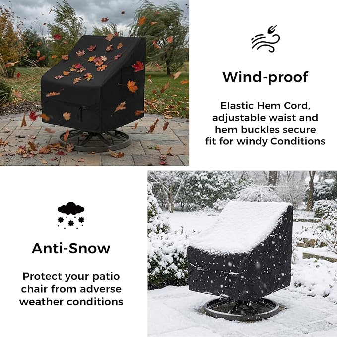 Dntorx 2 Pack Waterproof Patio Chair Covers, 32W x 35D x 36H Inches Durable Patio Furniture Covers with 1 Handbag for Lounge Deep Seat, Adjustable Waist Belt & Windproof & Breathable(Black)