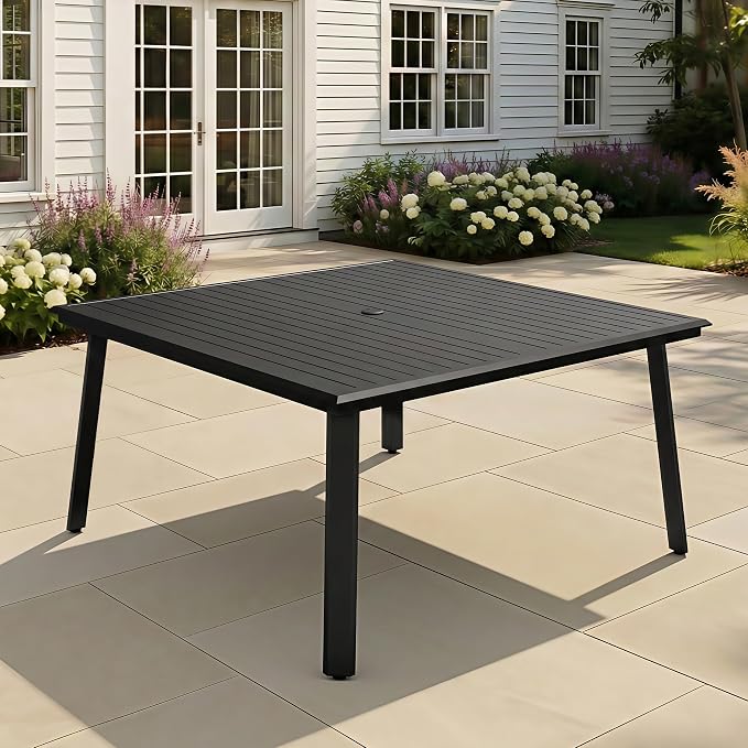 57" Square Outdoor Table for 8, Aluminum Large Patio Dining Table | 1.57-1.97" Adjistable Umbrella Hole All-Weather Slatted Design for Lawn, Backyard, Garden, Black