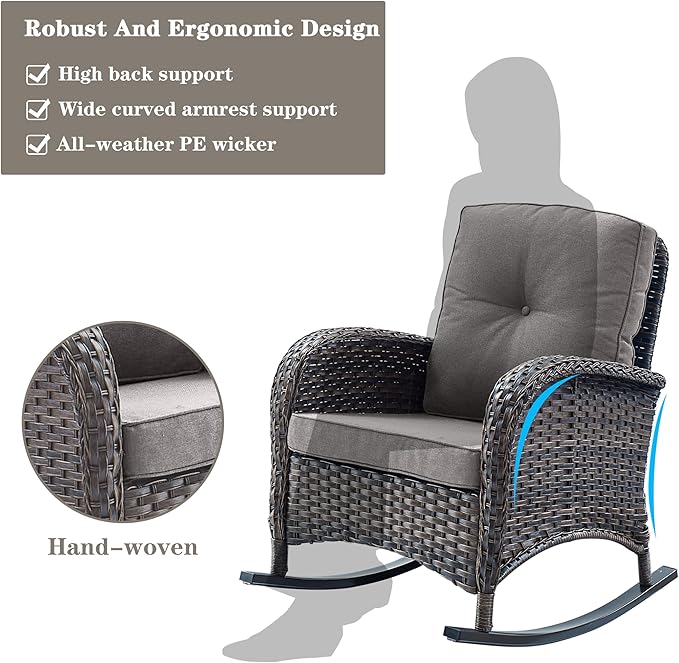 Belord Wicker Porch Rocking Chairs - 3 Pieces Patio Bistro Set High Back Outdoor Rocker Chairs Set with Side Table for Deck Balcony Brown/Grey