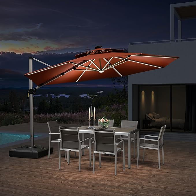 PURPLE LEAF 12ft Patio Umbrella With Base Solar powered LED Cantilever Umbrella with LED lights Windproof Outdoor Offset Umbrella for Garden Deck Pool Patio, Brick Red