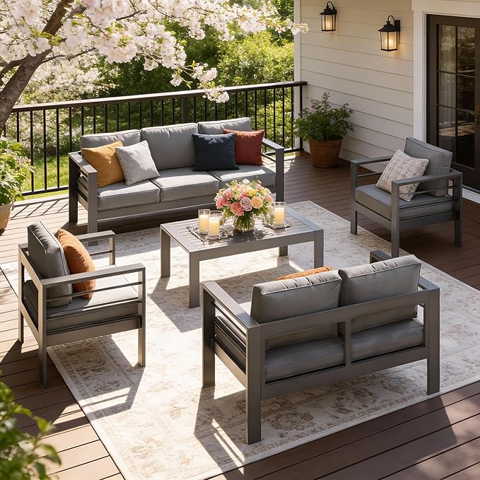 Outdoor Conversation Sets, Aluminum Patio Couch with Outdoor Coffee Table, All-Weather Metal Patio Couch with 5" Thick and Soft Cushion and Wide Arm, Outdoor Sofa Sets for Balcony, Porch, Dark Gray