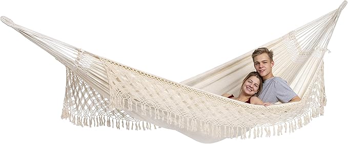 BYER OF MAINE Paradiso Hammock, Authentic Brazilian, Boho Style Natural, Recycled Cotton/Polyester Blend, Double, 142" L x 68" W, Holds up to 400lbs