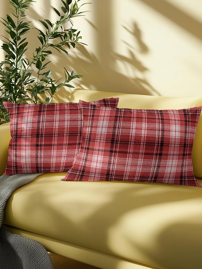 Waterproof Outdoor Pillow 1 Pack Red Checked Plaid Decorative Throw Pillows Cover & Insert 20x12 Inch Lumbar Pillowcase Stripes Woven Grid Pillows for Couch Sofa Bed Patio Furniture Indoor Outdoor