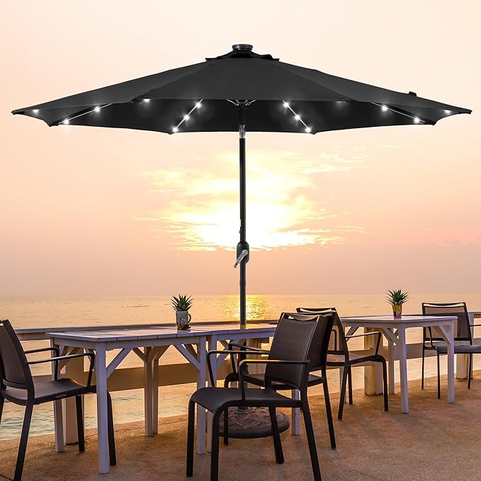 9ft Patio Umbrella Outdoor with Solar Lights,32 LED Lighted Table Market Umbrella with Tilt and Crank, 2-Year-Non-Fading, 8 Sturdy Ribs,for Pool, Deck, Garden,Backyard