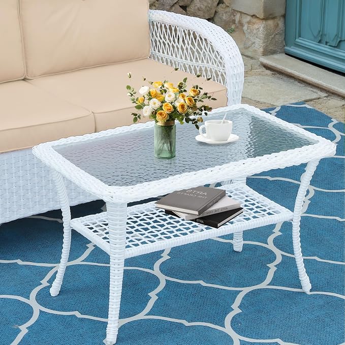MEETWARM Wicker Patio Coffee Table, 34.5" Rectangle Outdoor Coffee Table with Tempered Glass Top and 2-Tier Storage Shelf, All-Weather Rattan Patio Side Table for Outside Poolside Deck Garden, White
