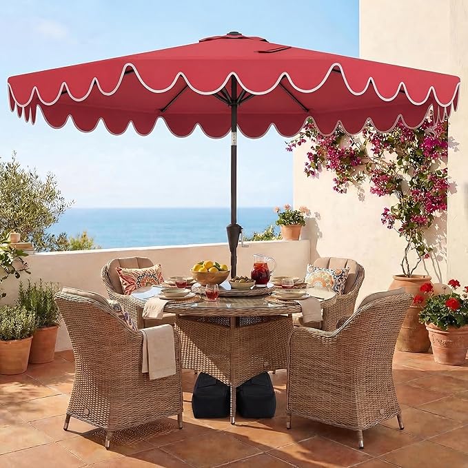 Happygrill 10 FT Patio Umbrella with Weighted Base Included, Outdoor Market Umbrella w/Push Button Tilt & Crank, 8 Heavy-Duty Metal Ribs, Air Vent, Sunshade Canopy for Garden Deck Pool Backyard (Wine)