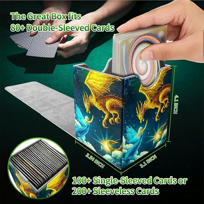 Deck Box for MTG, Cards Storage Box Fits 120+ Sleeved, Leather Medium Size Strong Magnetic Closing Card Case for Board Games Magic TCG CCG Baseball Collection, Yellow Dragon Girl