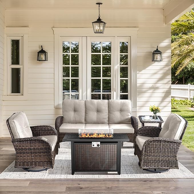 5 Pieces Patio Furniture Set with Fire Pit Table-All Weather Rattan Wicker Outdoor Couch with Outdoor Swivel Chair Outdoor Furniture for Deck Porch Garden Balcony Poolside-Brown/Beige