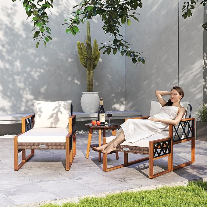 Tangkula 5 Pieces Patio Furniture Conversation Set, Outdoor Rattan Acacia Wood Cushioned Chairs with Ottomans, 2-Tier Side Table, for Porch, Balcony and Garden