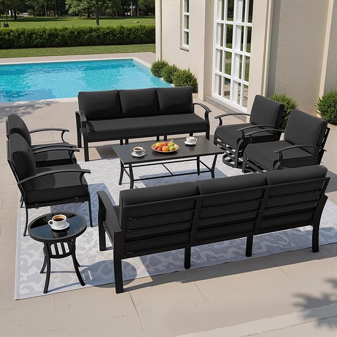 Kullavik Aluminum Patio Furniture Set with Rectangular Coffee Table,10-seat Metal Outdoor Sectional Furniture w/5.1" Cushions,Patio Conversation Sets with Swivel Chairs for Garden,Backyard,Porch-Black