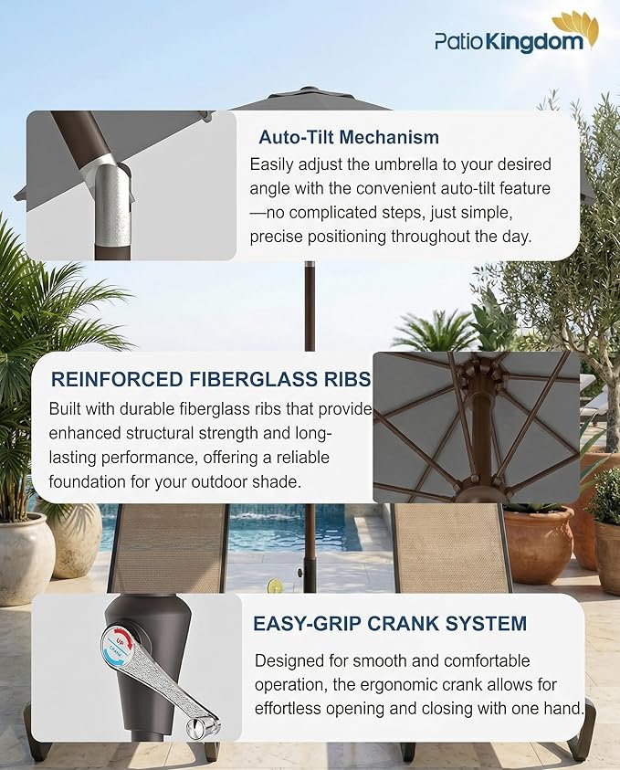PatioKingdom Auto-Tilt 9FT Patio Umbrella Outdoor with 8 Sturdy Fiberglass Ribs,Market Table Umbrella for Pool,Backyard,Deck and Garden