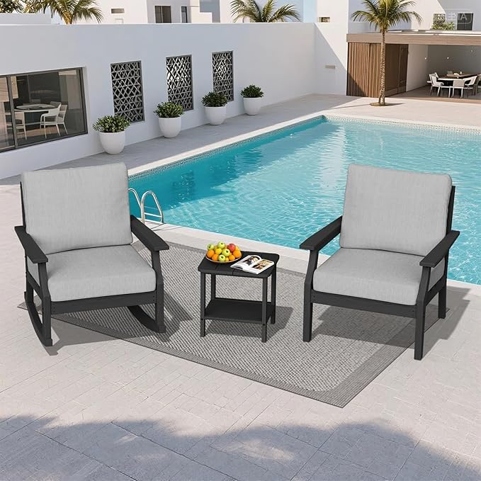 HDPE Patio Conversation Set, 3-Piece All Weather Outdoor Furniture Set with 1 Single Sofa，1 Rocking Sofa for Deck, Lawn, with Cushion, Black