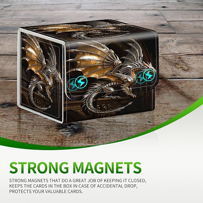 Card Deck Box for MTG, Cards Storage Box Fits 120+ Sleeved, Leather Small Size Strong Magnetic Closing Card Case for Board Games Magic TCG CCG Baseball Collection, Mechanical Dragon