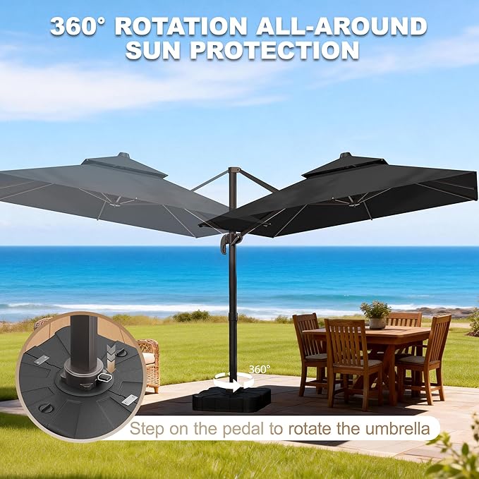 10x10Ft Patio Umbrella Outdoor Cantilever Rectangle Umbrella with Base Included, 6-Level Tilt & 360° Rotation Offset Umbrella for Garden, Deck, Pool(Black)