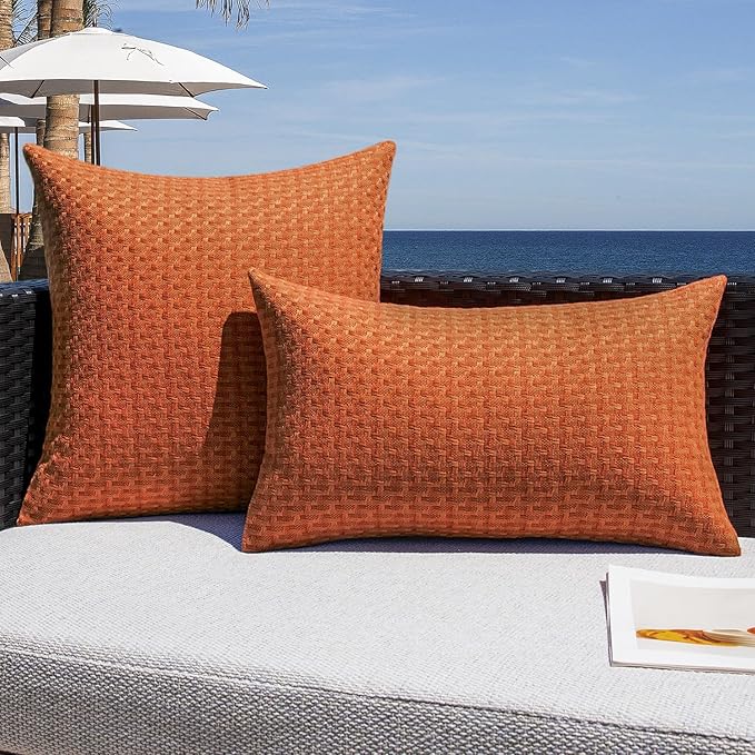 Kevin Textile Outdoor Fall Waterproof Throw Pillow Covers Pack of 2 Farmhouse Decorative Cushion Covers for Garden Patio Tent Balcony Bench Couch Sofa 24x24 Inch, Burnt Orange