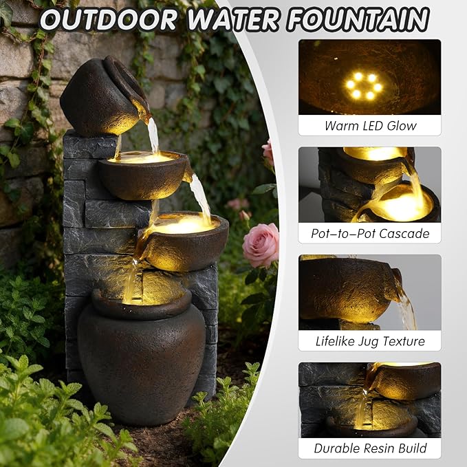 25.6" H Modern Clay Pot Outdoor Water Fountain with LED Lights and Pump, Floor Standing Waterfall Feature Outdoor Garden Fountain for Garden, Porch and Backyard Decor, Grey